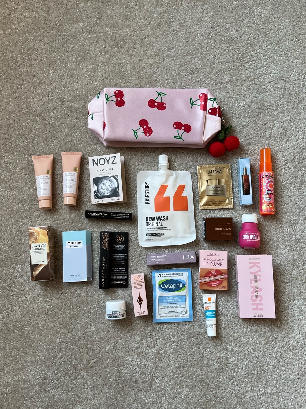 Ulta Beauty Bundle of 20 Skincare Hair Makeup Samples Cherry Print Cosmetic Bag